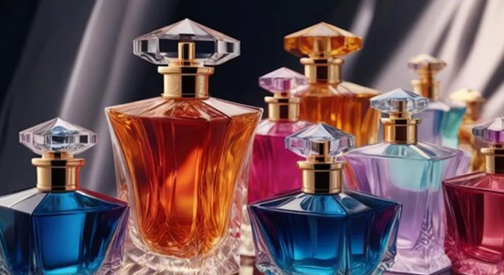 A collection of colorful, elegant glass perfume bottles with gold and crystal-like caps arranged closely together on a reflective surface. Showcasing unique perfume bottle shapes, they hold fragrances in shades of blue, pink, orange, and purple.