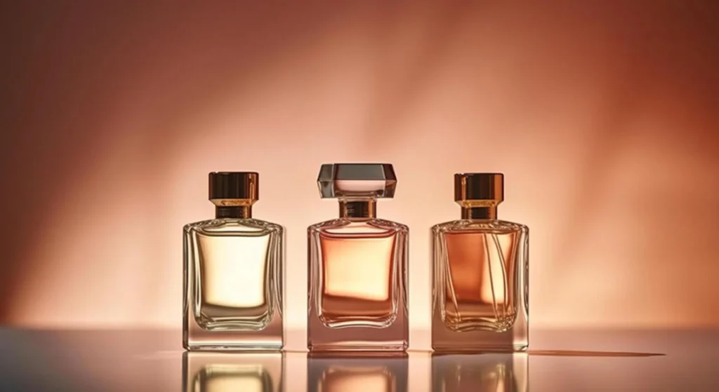 Three elegant rectangular perfume bottles with golden caps, unique glass designs, and different liquid shades displayed against a warm, softly lit background.