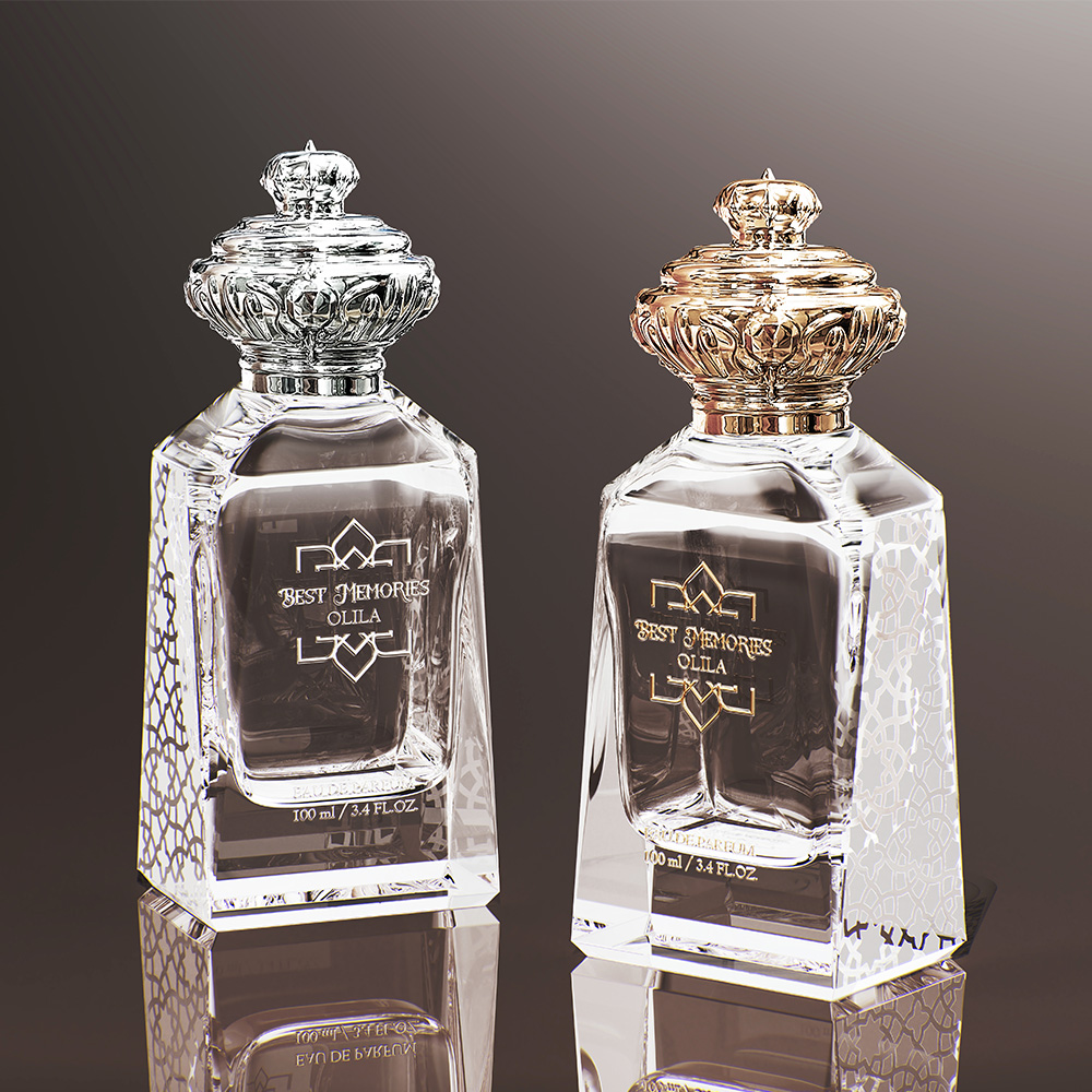 Glass Perfume Bottle with Silver and Gold Lids