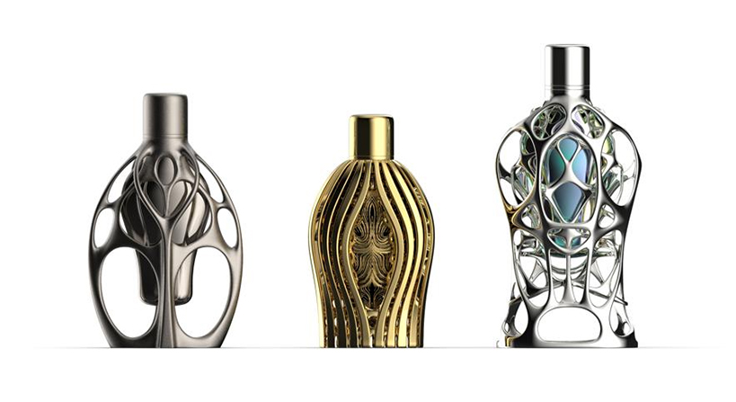 Luxury perfume bottle design with artistic 3D metallic frames in gold and silver
