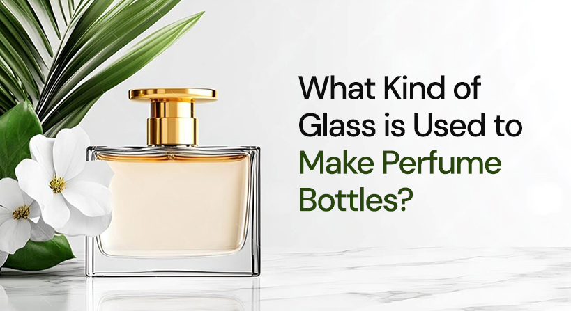 Luxury crystal glass for perfume bottle with golden cap on reflective surface