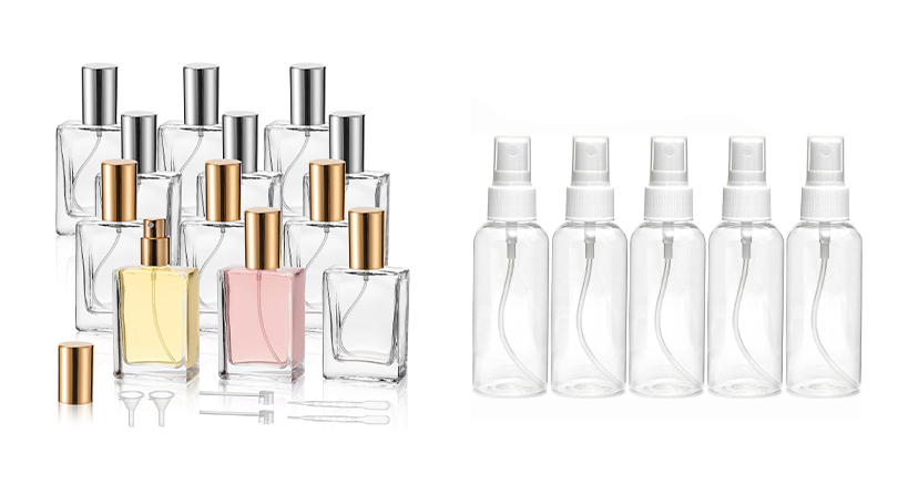 Clear glass perfume bottle beside plastic bottle showing premium quality and eco-friendly benefits
