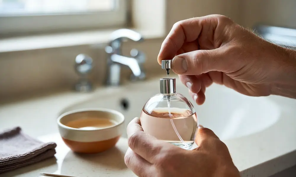 A broken perfume sprayer being repaired at home with simple tools on a bathroom counter