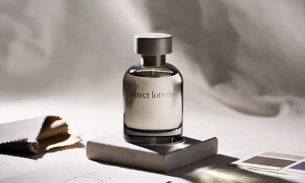 Premium minimalist perfume bottle design on a concrete base with soft studio lighting