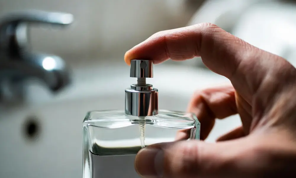 A close-up of a perfume bottle with a stuck sprayer nozzle being examined on a bathroom counter