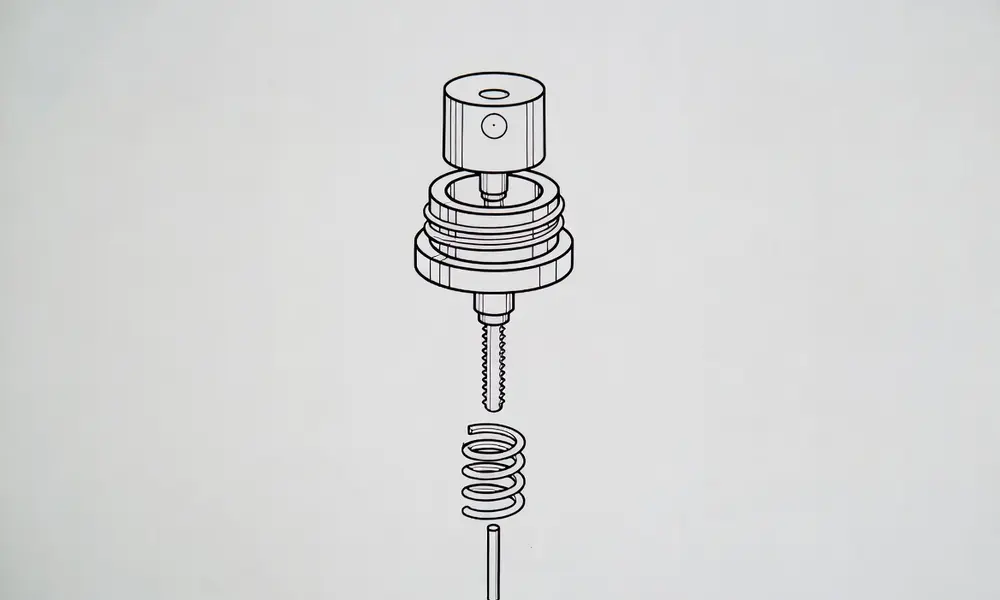 Diagram showing the parts of a perfume spray pump including the nozzle, collar, pump stem, and dip tube