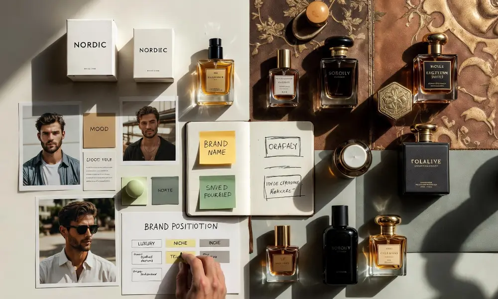 Perfume brand niche strategy board with mood boards, scent notes, and positioning ideas