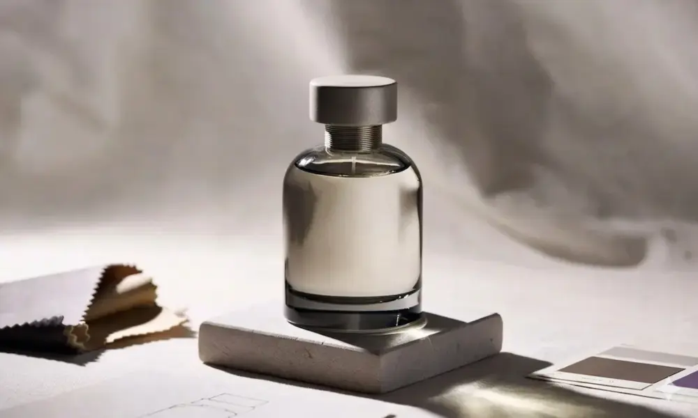 Premium minimalist perfume bottle design on a concrete base with soft studio lighting