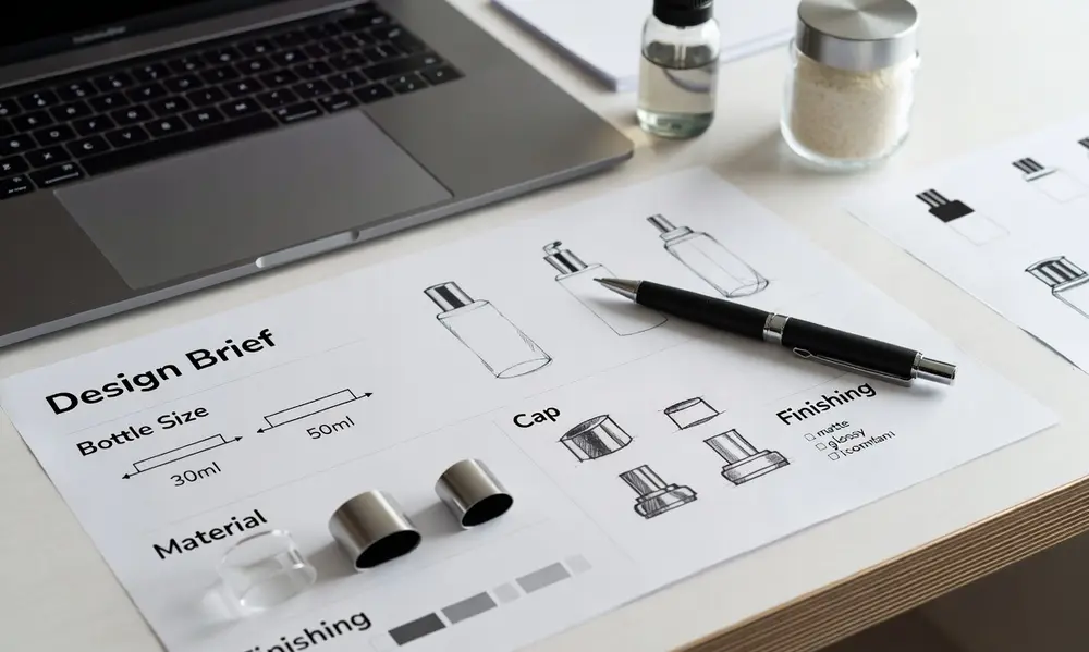 Perfume bottle design brief showing size, cap styles, materials, and finishing options