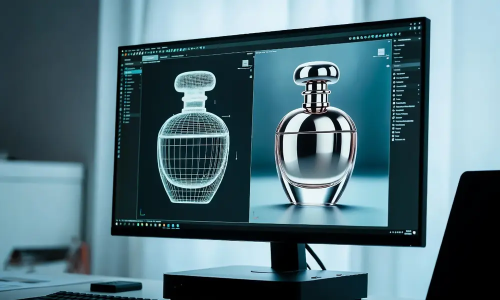 Computer screen showing 3D wireframe and rendered perfume bottle design