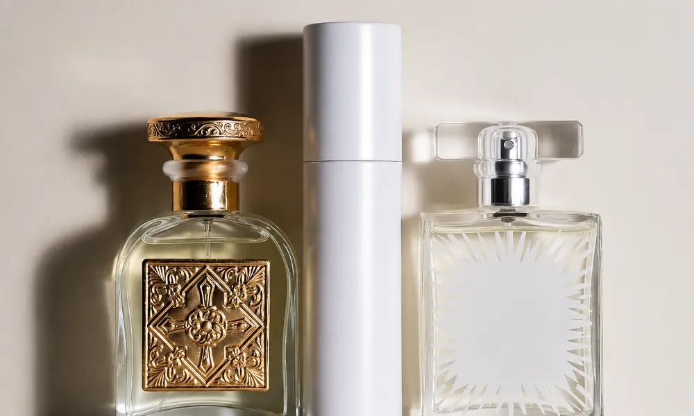 Perfume bottles with decorative gold cap, white cylinder, and etched glass design