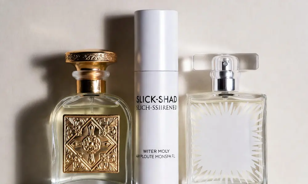 Perfume bottles with decorative gold cap, white cylinder, and etched glass design