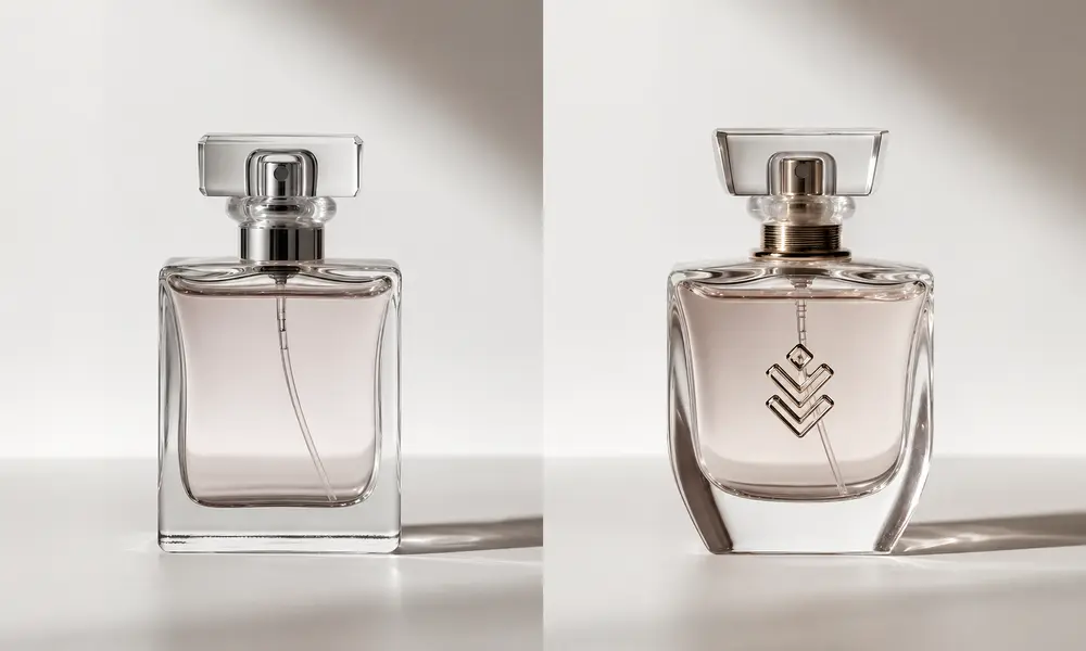 Side-by-side comparison of stock and custom perfume bottles for packaging decision guidance