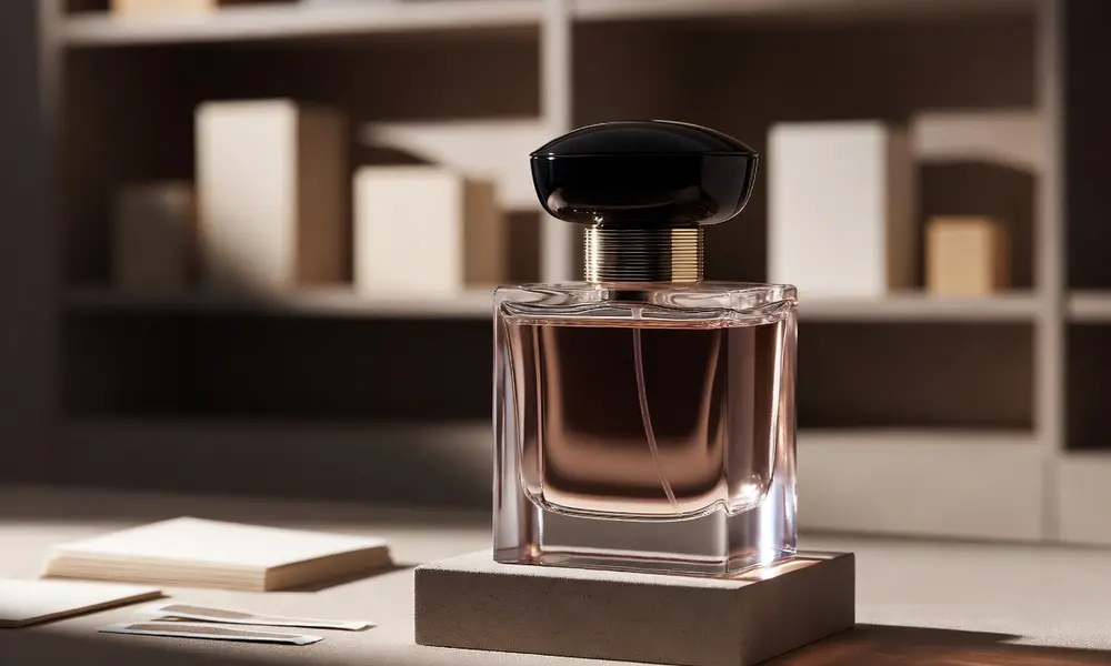 Luxury perfume bottle with premium packaging elements for a guide on starting a perfume brand