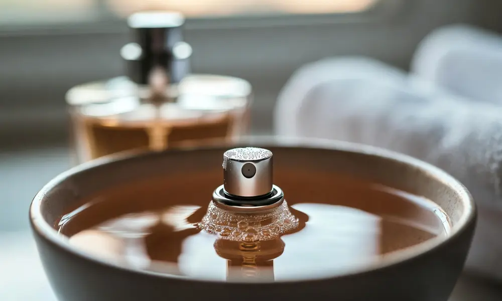 Close-up of a perfume spray nozzle soaking in a small bowl of warm water on a bathroom counter
