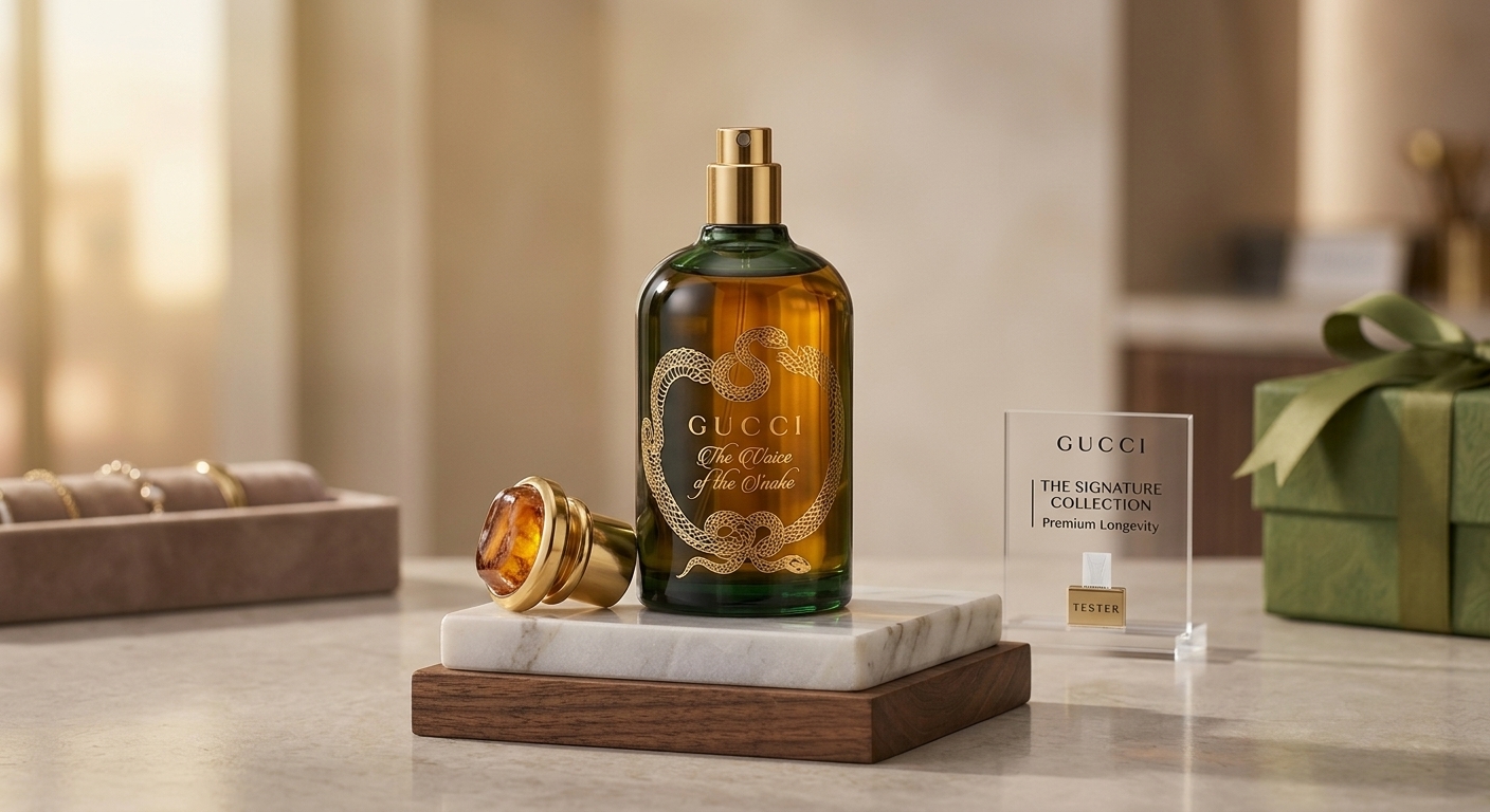 A bottle of Gucci "The Voice of the Snake" perfume in dark amber-green glass with gold snake artwork, sitting on a marble base next to its amber-topped gold cap and a clear "Tester" sign.