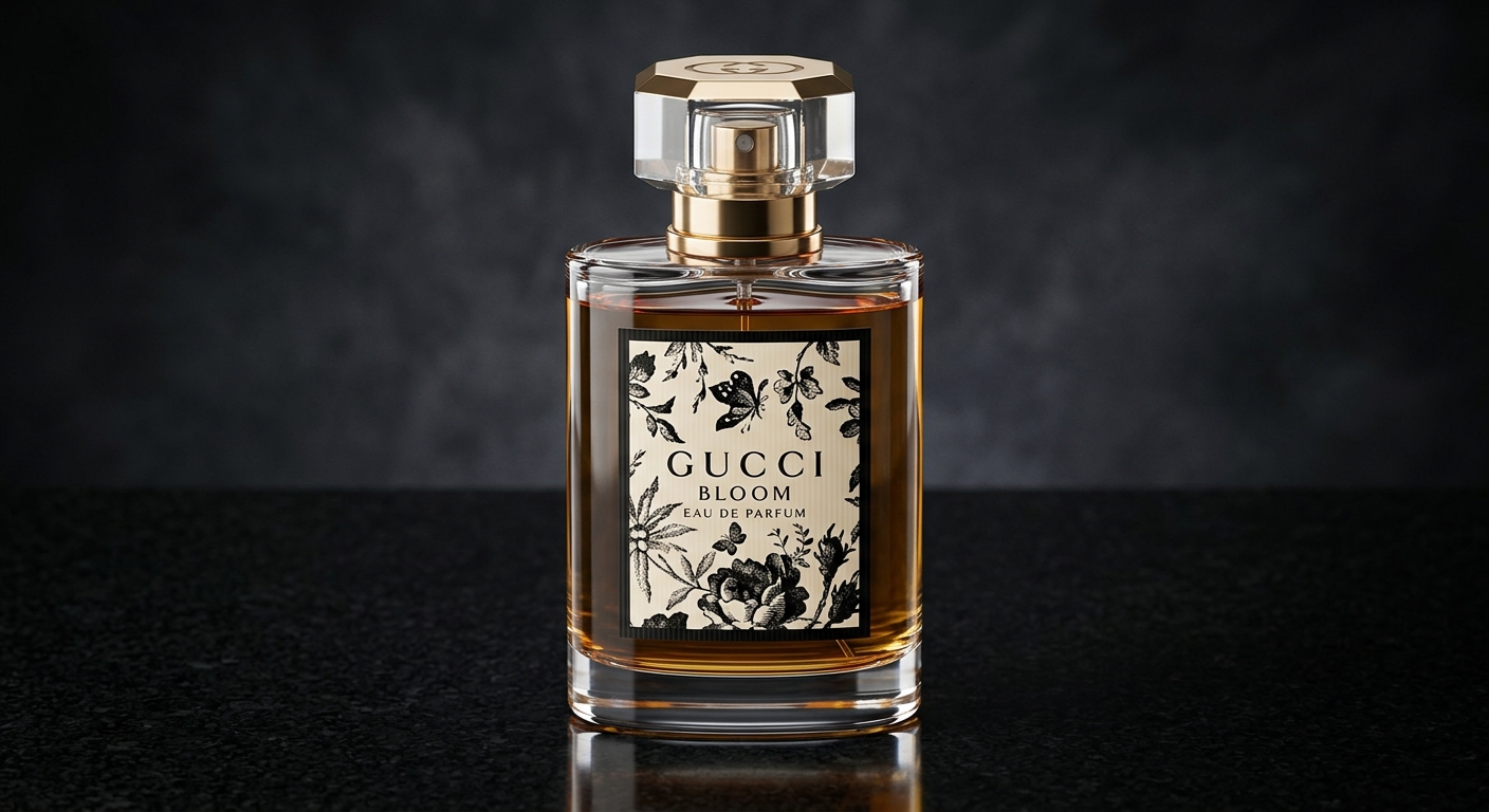 • A bottle of Gucci "The Voice of the Snake" perfume in dark amber-green glass with gold snake artwork, sitting on a marble base next to its amber-topped gold cap and a clear "Tester" sign.