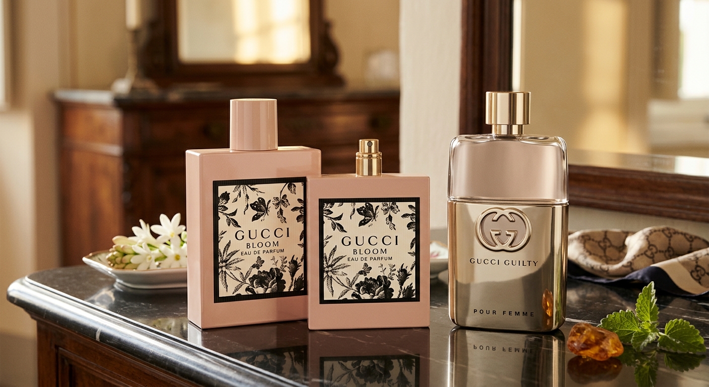 Two pink, floral-labeled Gucci Bloom perfume bottles stand next to a metallic rose-gold Gucci Guilty bottle on a polished dark marble surface.