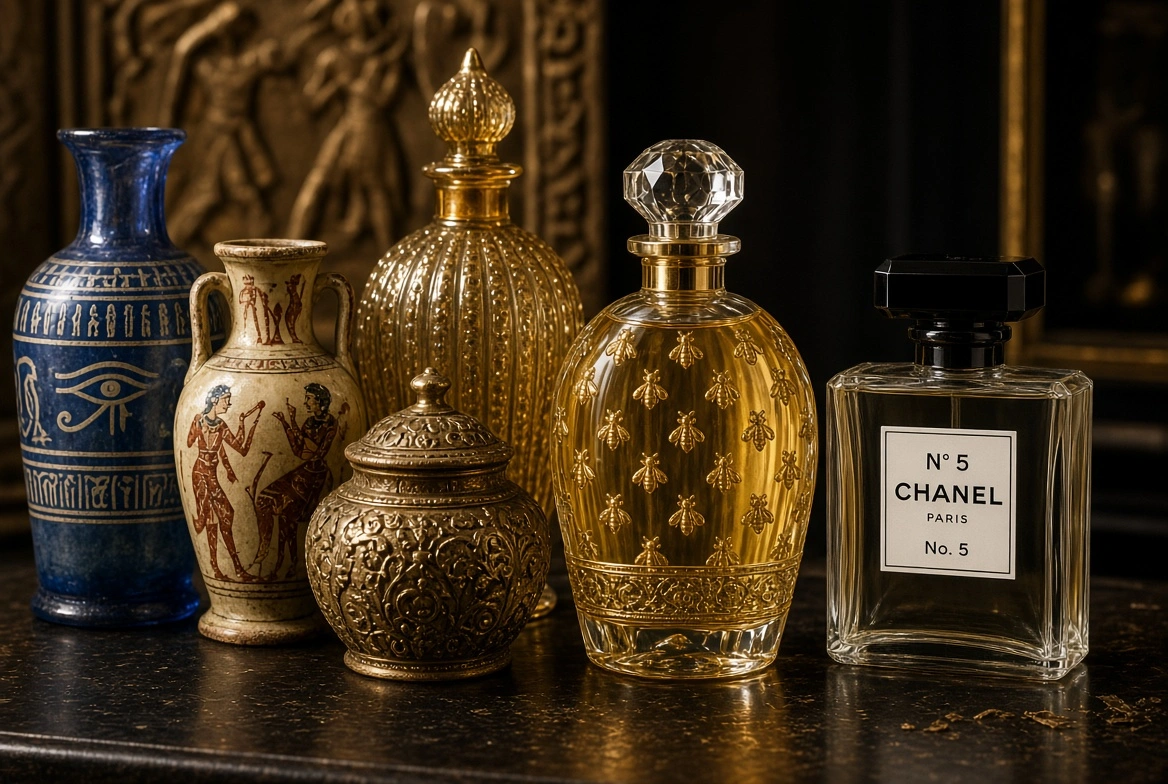 Ancient Egyptian and Greek perfume containers next to the classic Guerlain Bee Bottle and Chanel No. 5 bottle