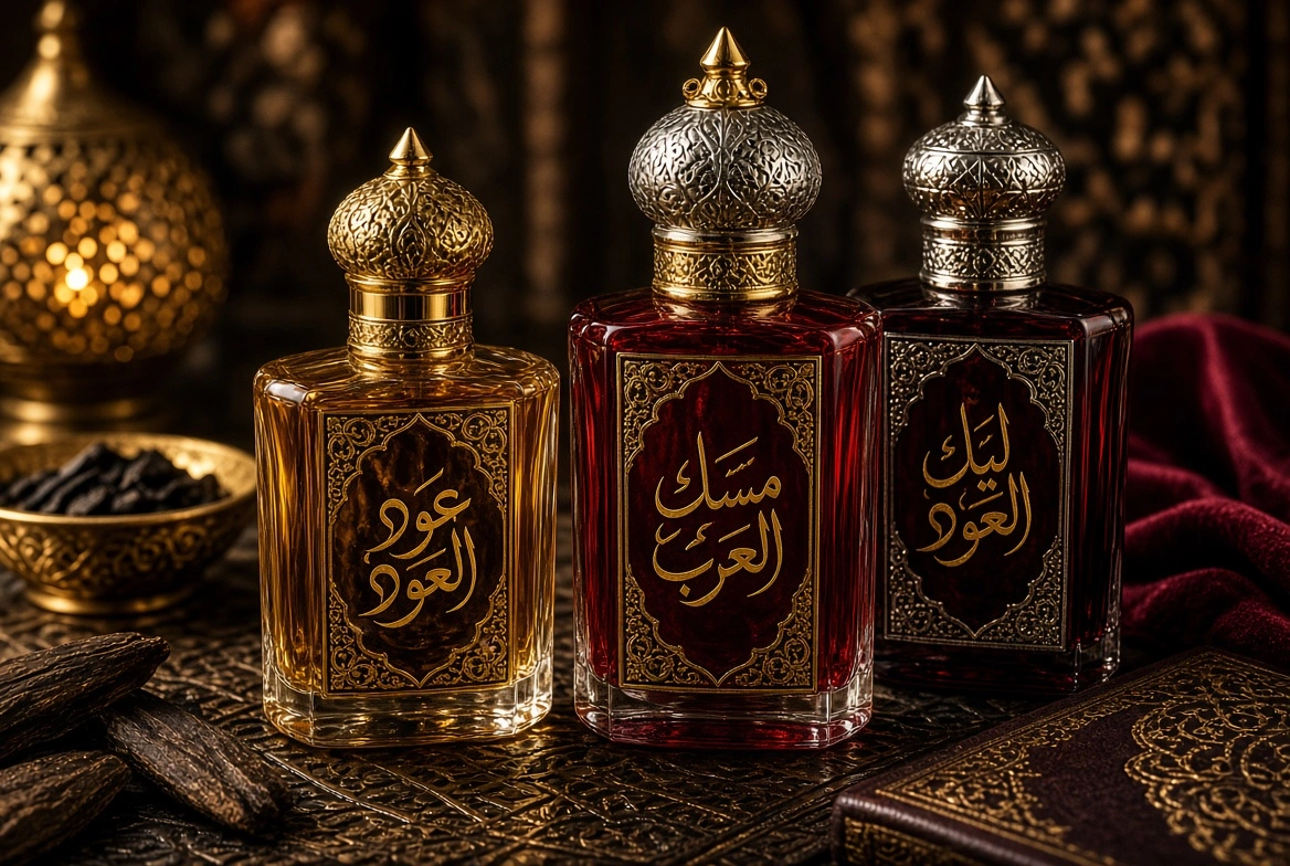 Traditional Middle Eastern oud and attar perfume bottles with Arabic calligraphy, gold and silver ornate caps