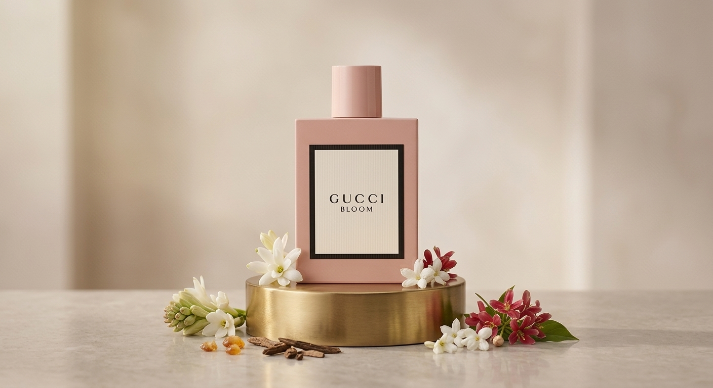 A solid pastel pink Gucci Bloom perfume bottle centered on a round gold pedestal, surrounded by white jasmine and red blossoms on a light marble tabletop.