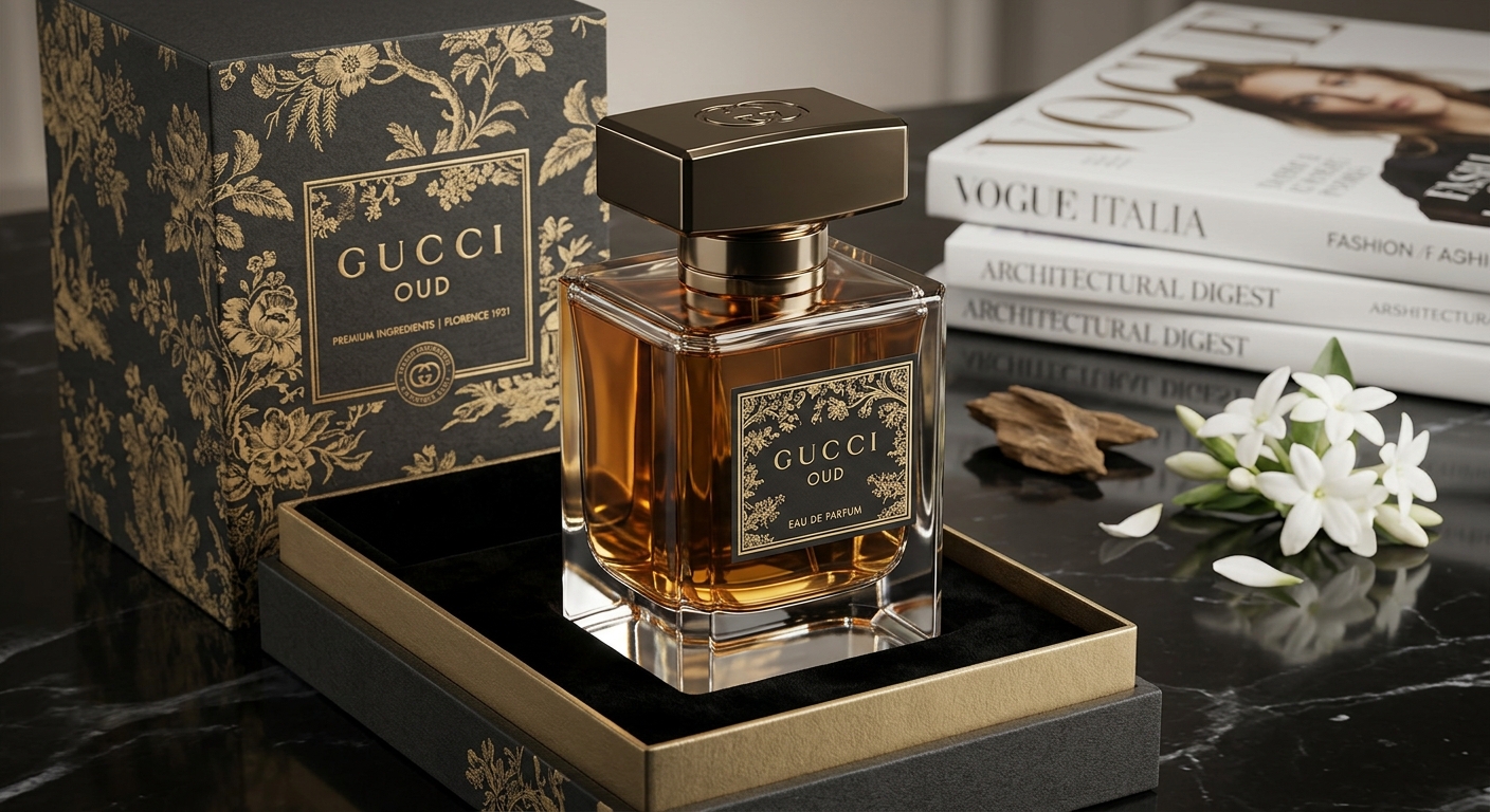 A square clear glass bottle of Gucci Oud filled with amber liquid, displayed next to its black-and-gold floral patterned box and a stack of Vogue and Architectural Digest magazines.