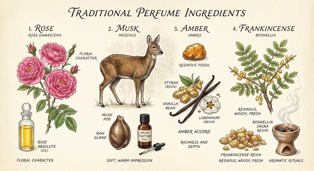 Traditional Perfume Ingredients Rose Musk Amber and Frankincense