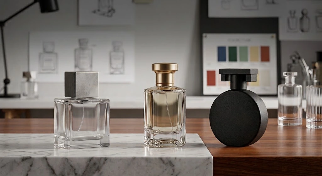 Three luxury glass perfume bottles featuring distinct minimalist, classic, and modern cap designs displayed on a marble studio counter.