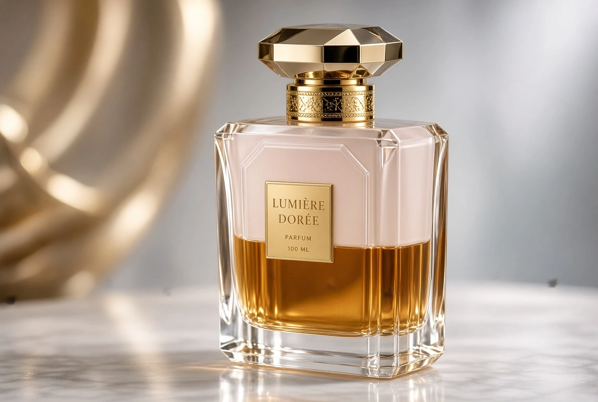 Luxury perfume bottle with thick crystal glass, gold cap, and elegant amber liquid showcasing premium materials and finish