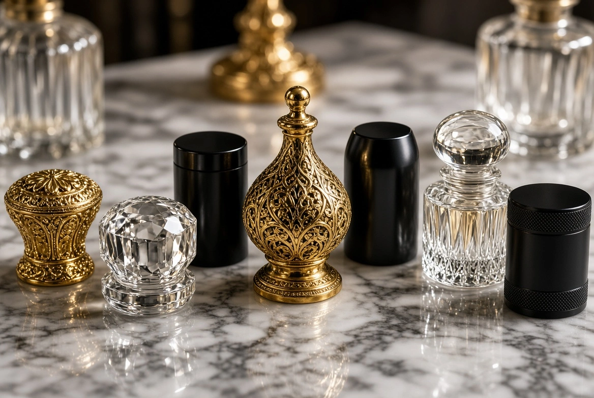 Collection of luxury perfume bottle caps including ornate gold, crystal, black metal, and glass stopper designs